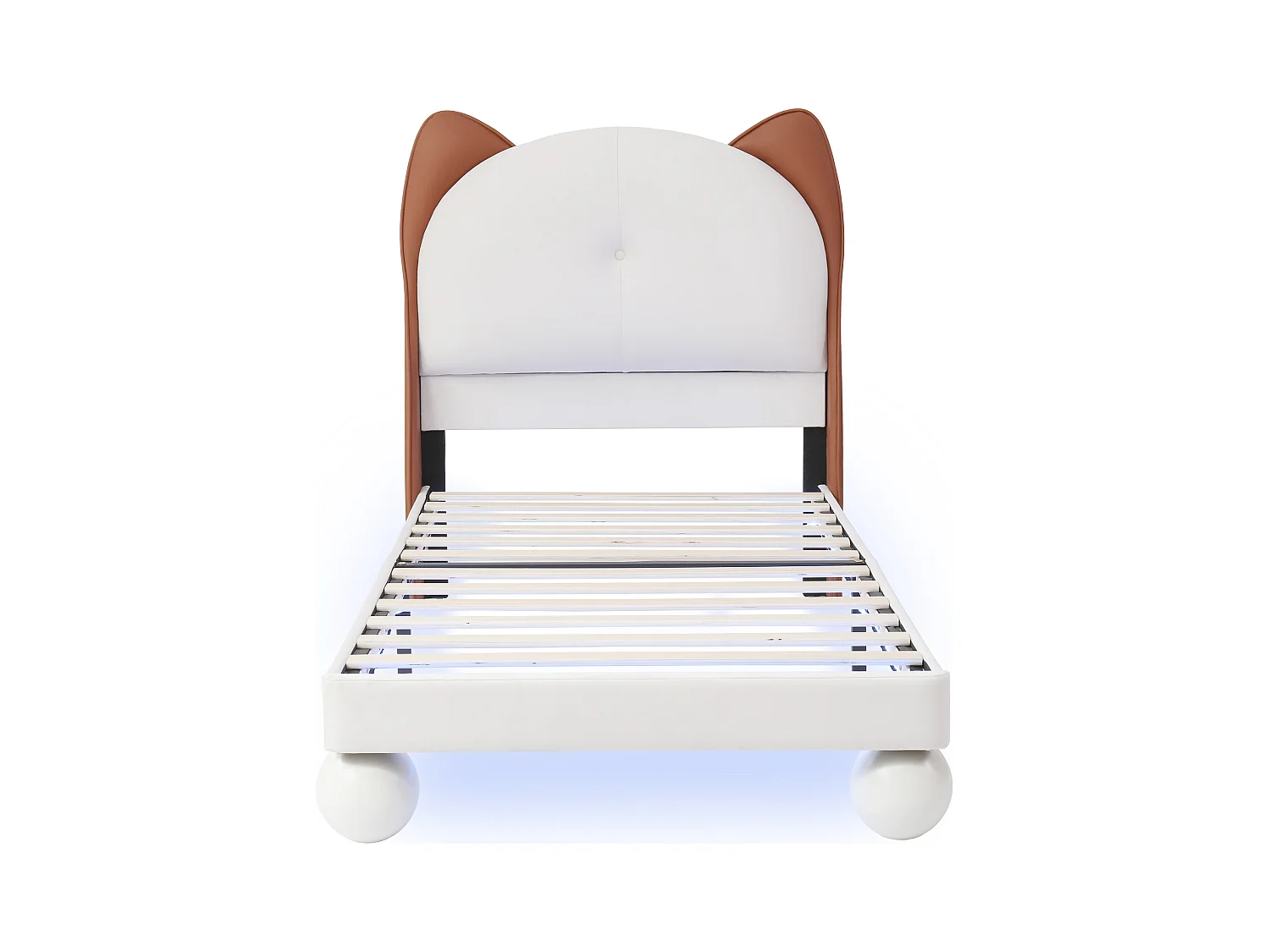 Tapicerowane łóżko dziecięce 90x200 cm - zagłówek w kształcie uszu kota - z LED - z stelażem na listwach - PU - Beżowe + Brązowe