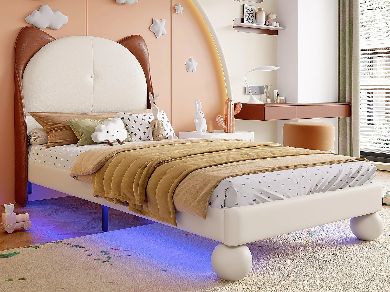 Lit enfant rembourré 90x200 cm - tête de lit en forme d'oreilles de chat - avec LED - avec sommier à lattes - PU - Beige + Marron