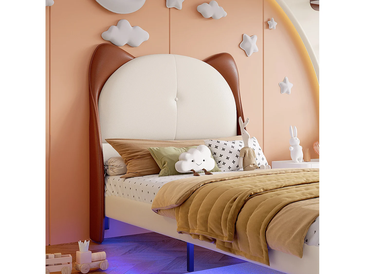 Lit enfant rembourré 90x200 cm - tête de lit en forme d'oreilles de chat - avec LED - avec sommier à lattes - PU - Beige + Marron