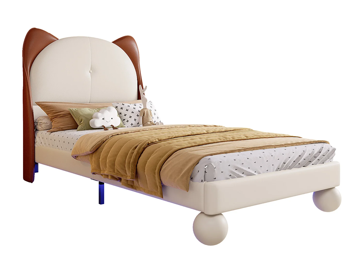 Lit enfant rembourré 90x200 cm - tête de lit en forme d'oreilles de chat - avec LED - avec sommier à lattes - PU - Beige + Marron