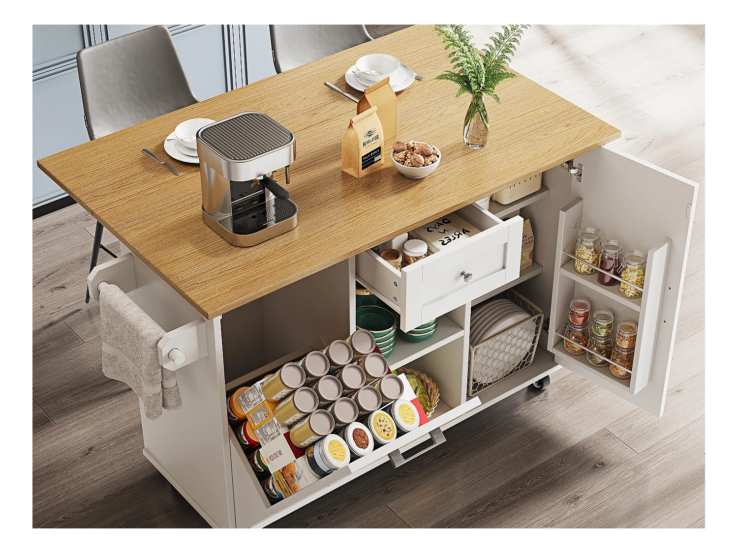 Ilot central de cuisine moderne 142x63x87cm - 1 tiroir et 2 portes - avec 1 porte à abattant - plateau extensible - blanc