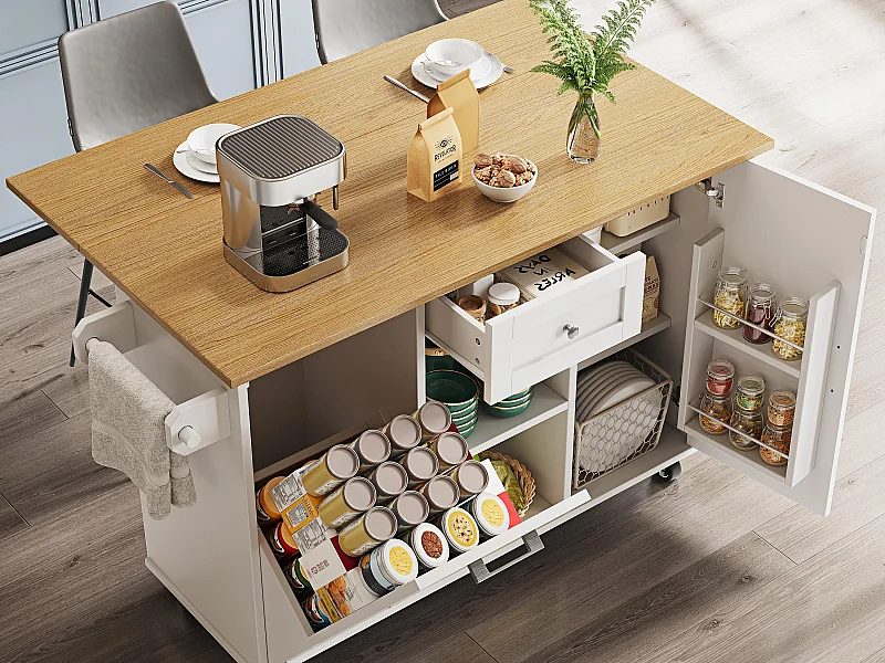 Ilot central de cuisine moderne 142x63x87cm - 1 tiroir et 2 portes - avec 1 porte à abattant - plateau extensible - blanc