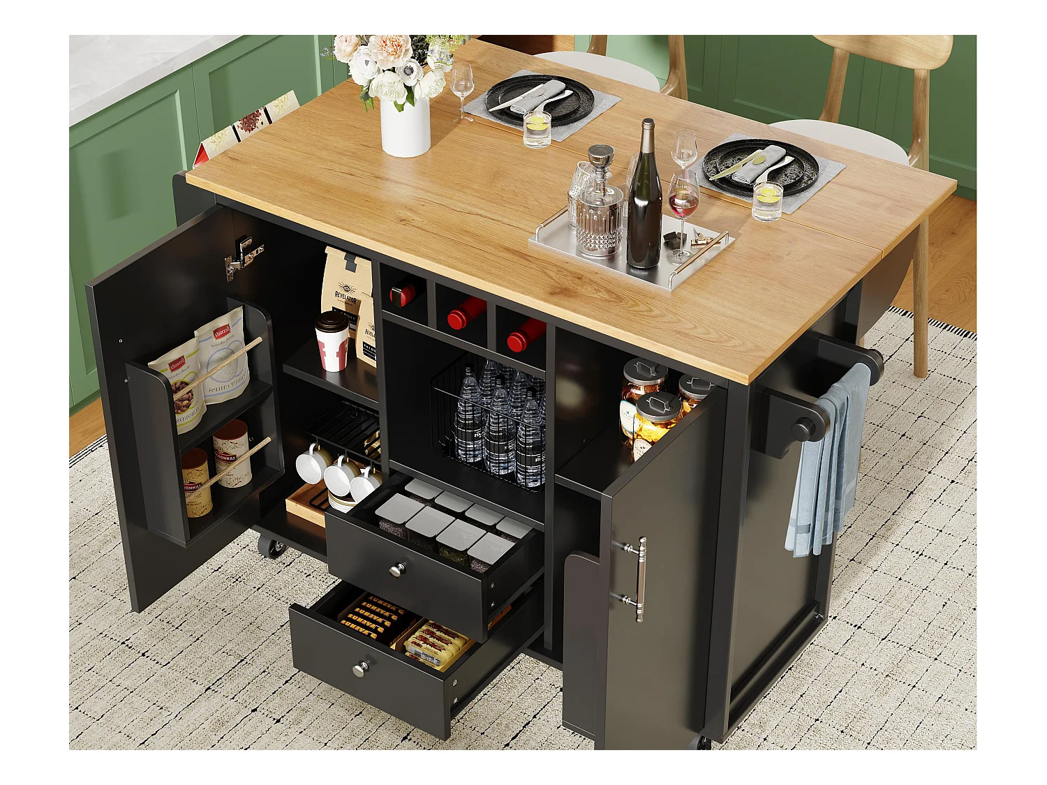 Ilot central de cuisine mobile 137.9x73x92.5cm - 2 tiroirs et 2 portes - plateau extensible - noir