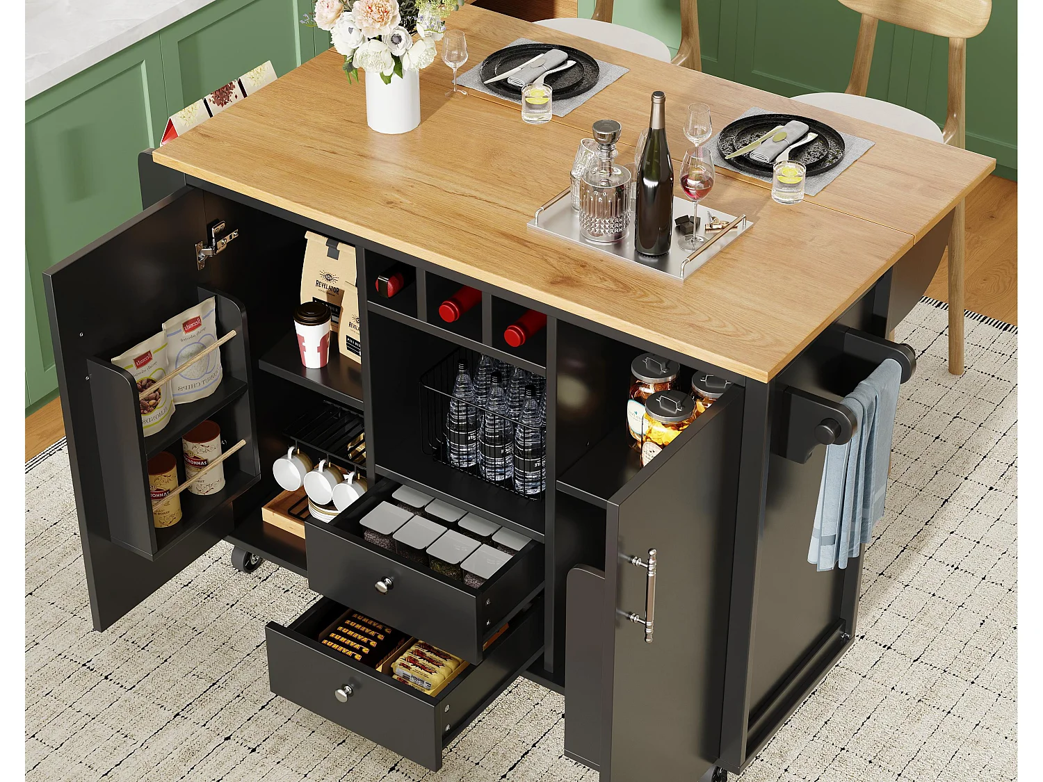 Ilot central de cuisine mobile 137.9x73x92.5cm - 2 tiroirs et 2 portes - plateau extensible - noir