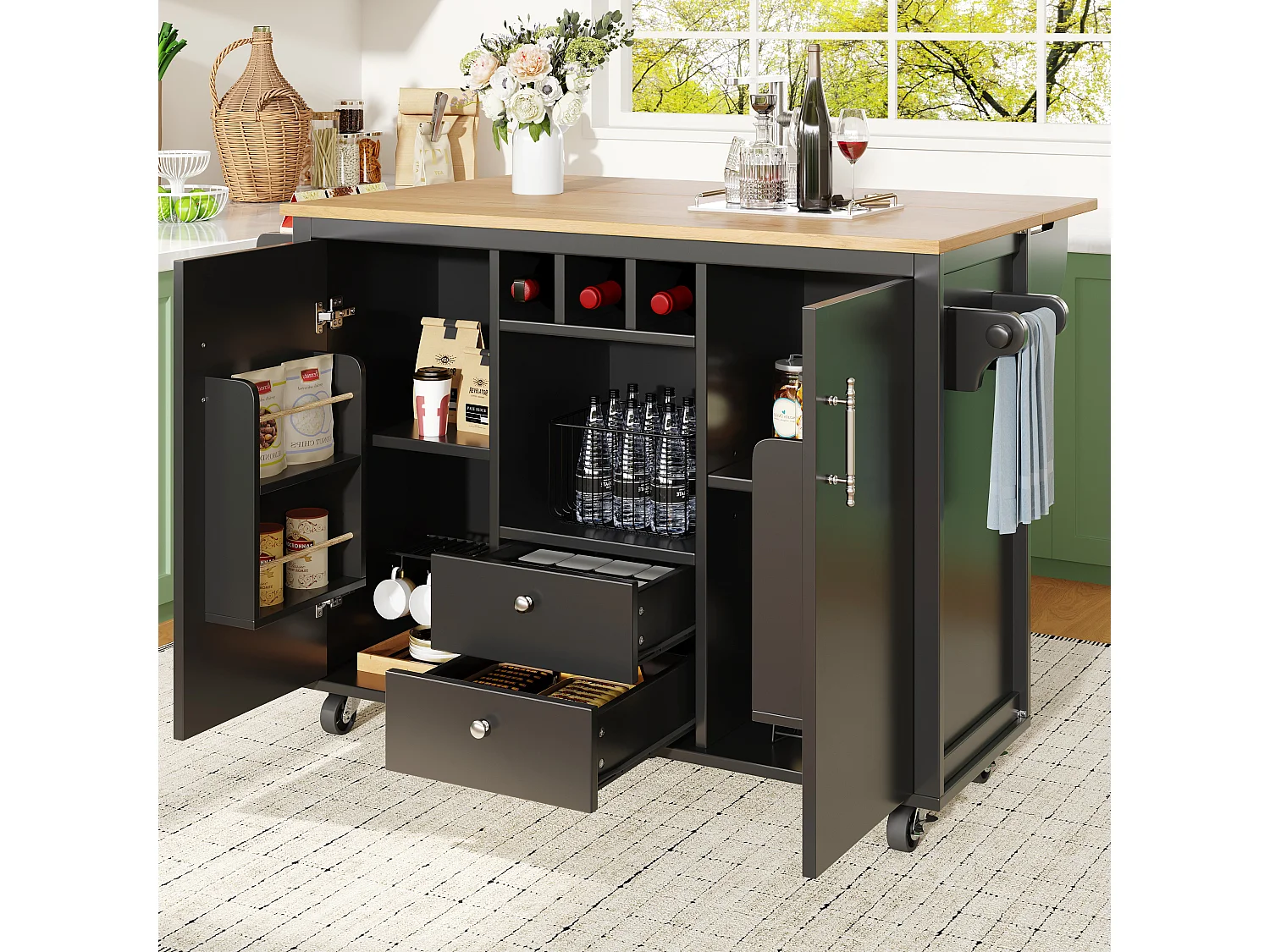 Ilot central de cuisine mobile 137.9x73x92.5cm - 2 tiroirs et 2 portes - plateau extensible - noir