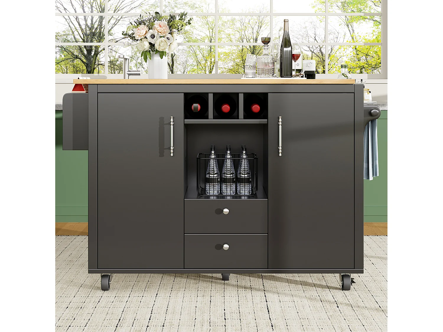 Ilot central de cuisine mobile 137.9x73x92.5cm - 2 tiroirs et 2 portes - plateau extensible - noir