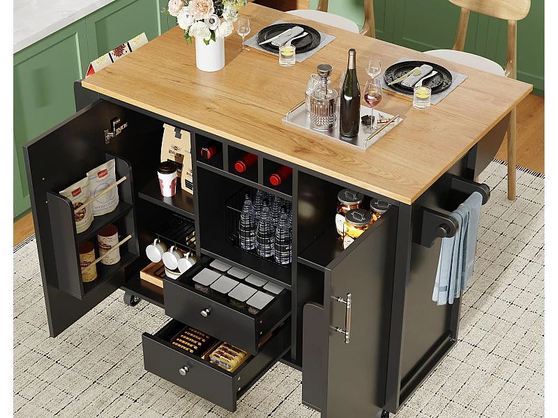 Verrijdbare keukeneiland 137,9×73×92,5 cm - 2 laden en 2 deuren - uitschuifbaar werkblad - zwart