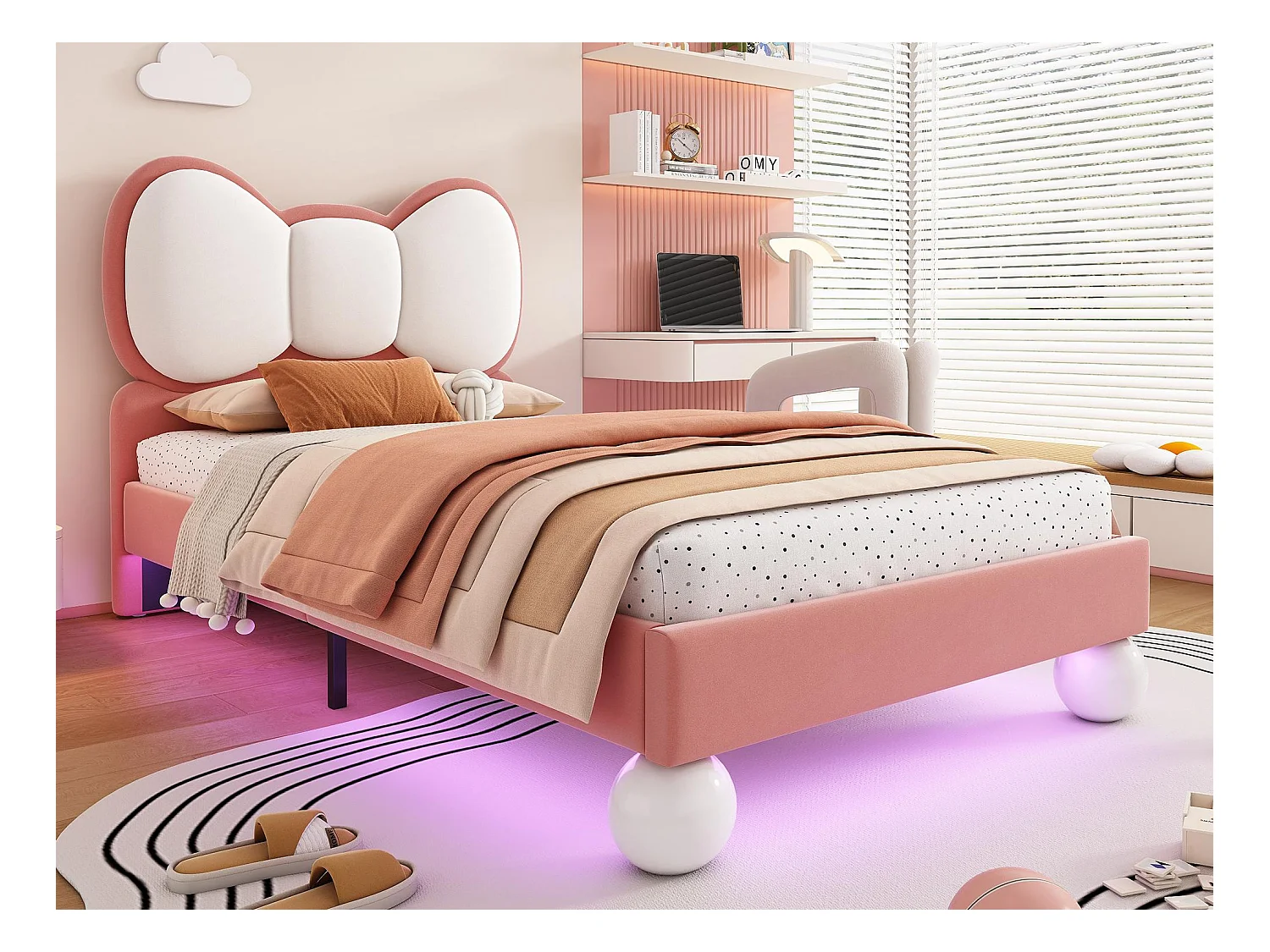 Lit enfant rembourré 90x200 cm - tête de lit en forme nœud papillon - avec LED - avec sommier à lattes - Velours - Beige + Rose