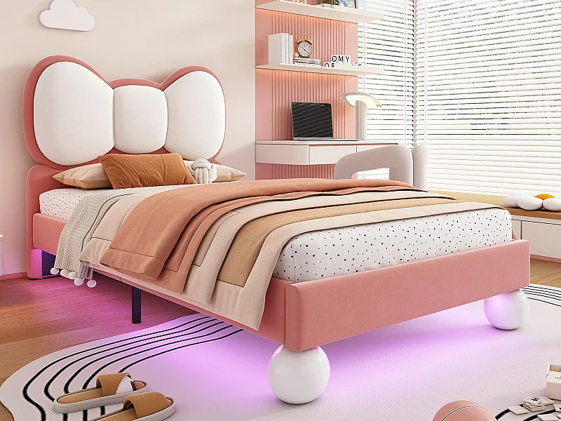 Gepolstertes Kinderbett 90x200 cm - Kopfteil in Schleifenform - mit LED - mit Lattenrost - Samt - Beige + Rosa