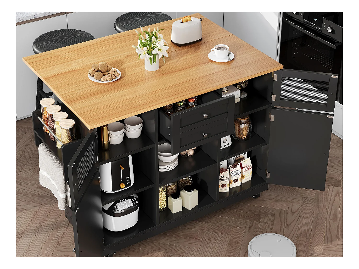 Ilot central de cuisine mobile 140x70x93.5cm - 2 tiroirs et 4 portes - plateau extensible - étagères ajustables - noir
