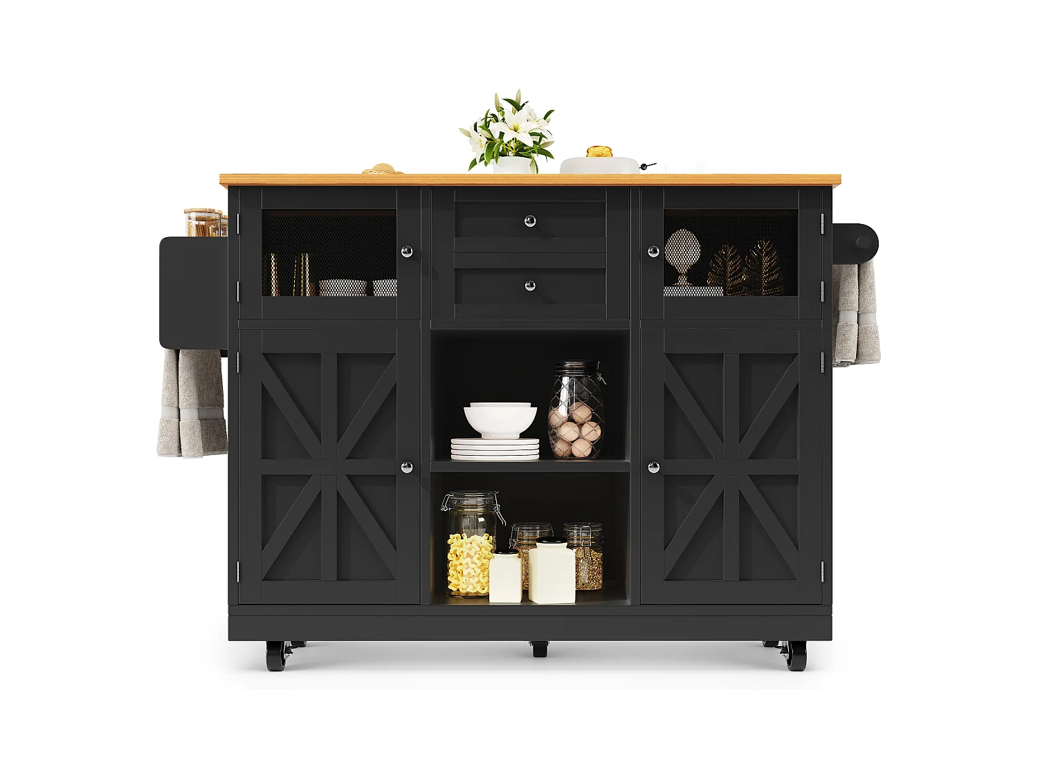 Ilot central de cuisine mobile 140x70x93.5cm - 2 tiroirs et 4 portes - plateau extensible - étagères ajustables - noir