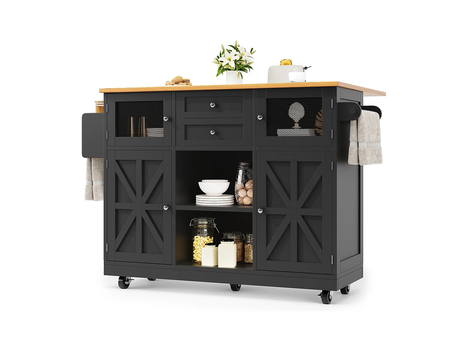 Ilot central de cuisine mobile 140x70x93.5cm - 2 tiroirs et 4 portes - plateau extensible - étagères ajustables - noir