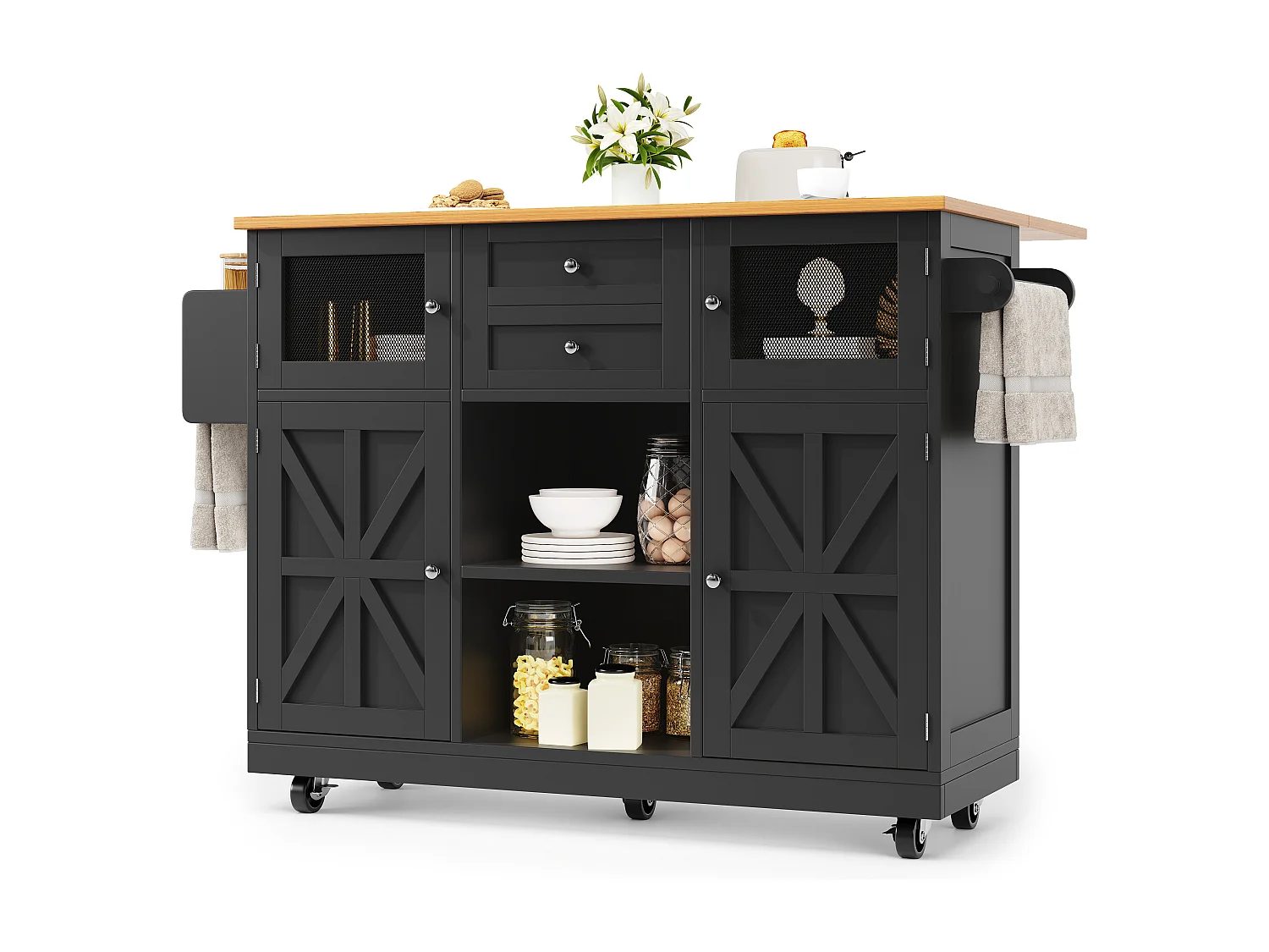 Verrijdbare keukeneiland 140×70×93,5 cm - 2 laden en 4 deuren - uitschuifbaar werkblad - verstelbare planken - zwart