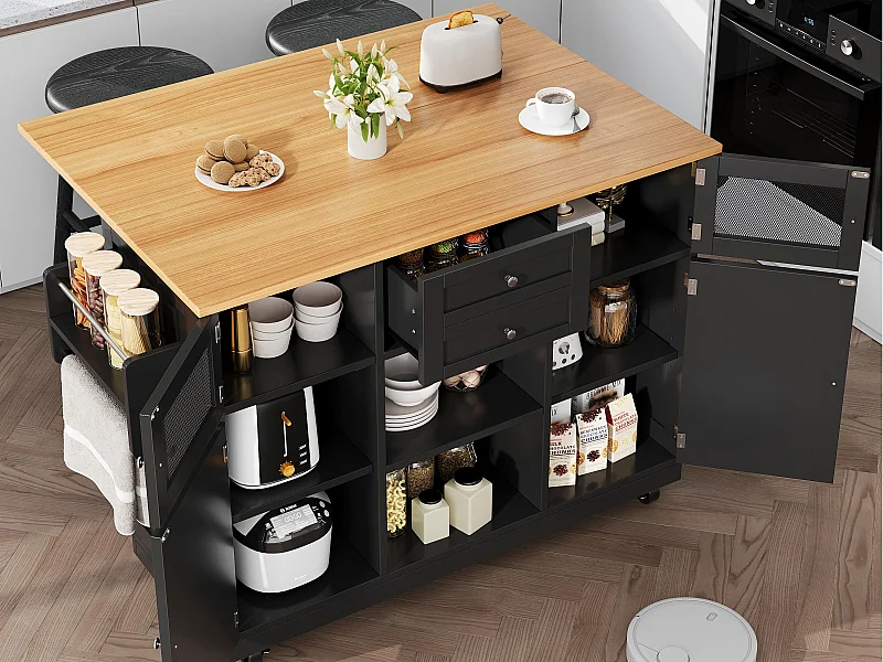 Ilot central de cuisine mobile 140x70x93.5cm - 2 tiroirs et 4 portes - plateau extensible - étagères ajustables - noir
