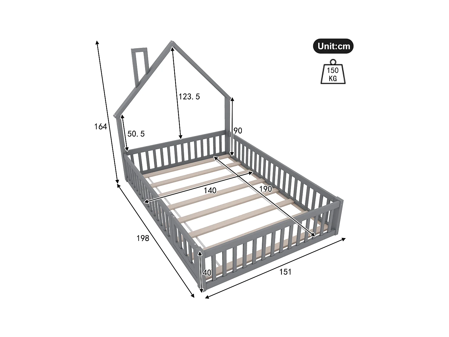 Lit cabane enfant 140x190cm - Lit avec sommier à lattes - Bois massif - Gris (sans matelas)