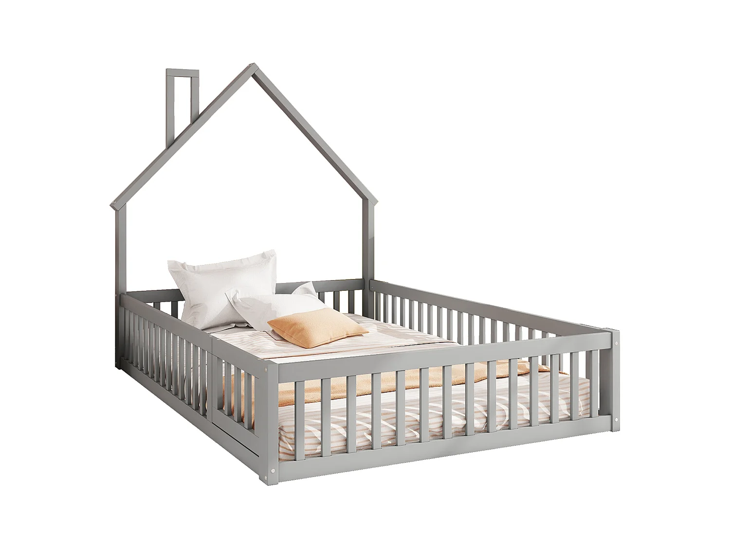 Lit cabane enfant 140x190cm - Lit avec sommier à lattes - Bois massif - Gris (sans matelas)
