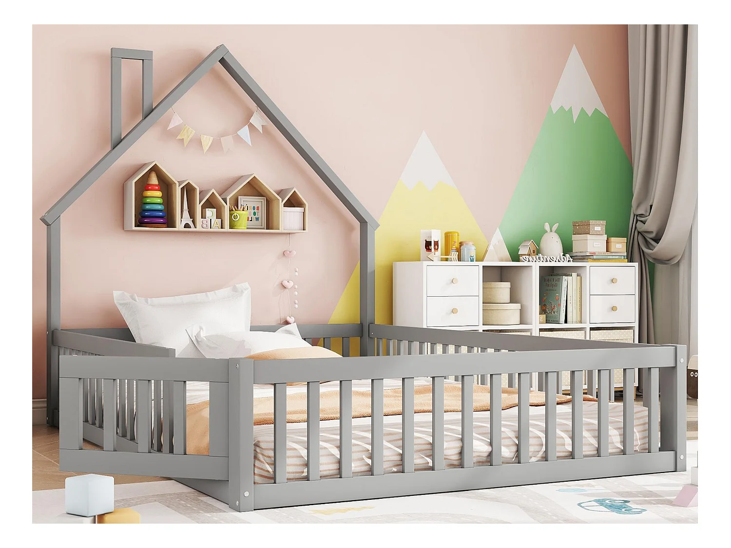 Lit cabane enfant 140x190cm - Lit avec sommier à lattes - Bois massif - Gris (sans matelas)