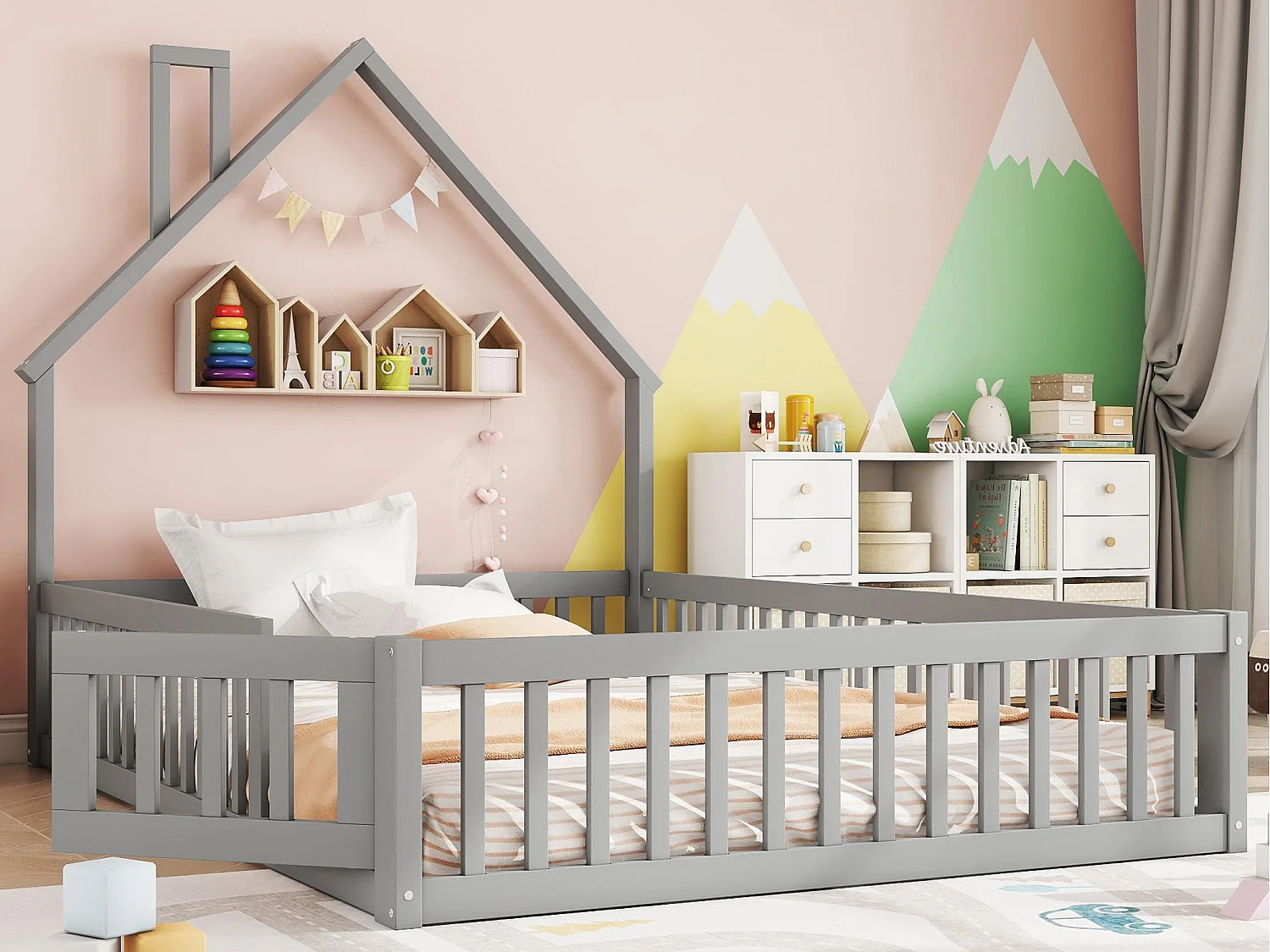 Lit cabane enfant 140x190cm - Lit avec sommier à lattes - Bois massif - Gris (sans matelas)