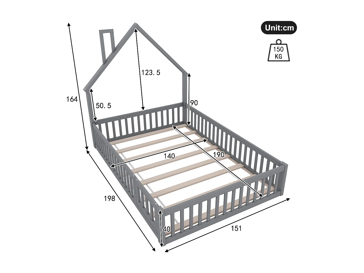 Lit cabane enfant 140x190cm - Lit avec sommier à lattes - Bois massif - Gris (sans matelas)