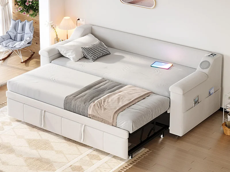 Canapé-lit rembourré 90x190cm - avec système audio Bluetooth Smart - tissu velours - beige(sans matelas)
