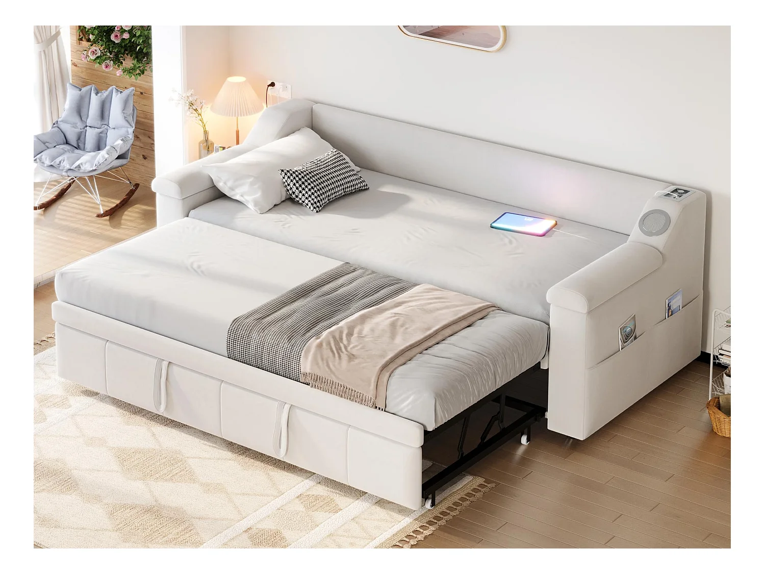 Canapé-lit rembourré 90x190cm - avec système audio Bluetooth Smart - tissu velours - beige(sans matelas)