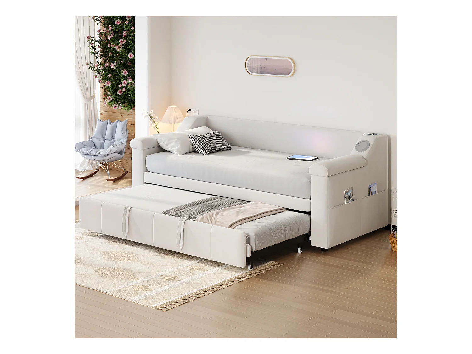 Canapé-lit rembourré 90x190cm - avec système audio Bluetooth Smart - tissu velours - beige(sans matelas)