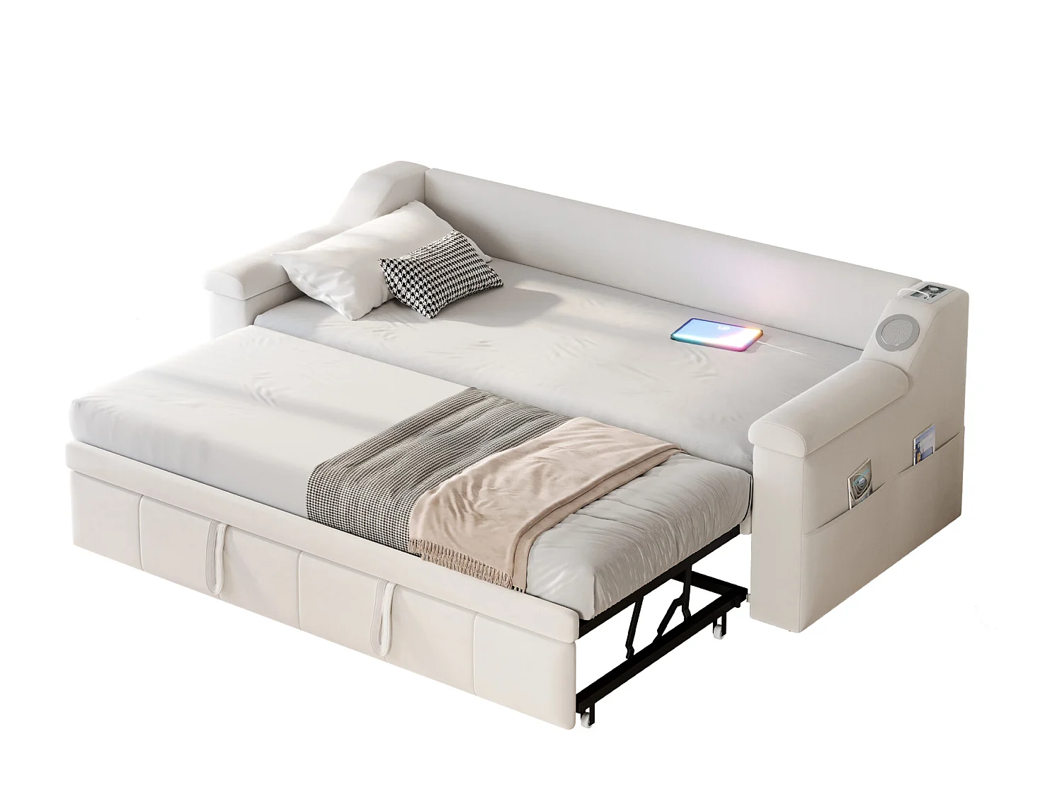 Gepolstertes Schlafsofa 90x190cm - mit Smart Bluetooth-Audiosystem - Samtstoff - Beige (Matratze nicht enthalten)