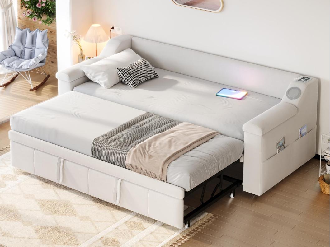 Tapicerowana sofa z funkcją spania 90x190cm - z systemem audio Bluetooth Smart - welurowa tkanina - beżowa (materac nie wliczony)