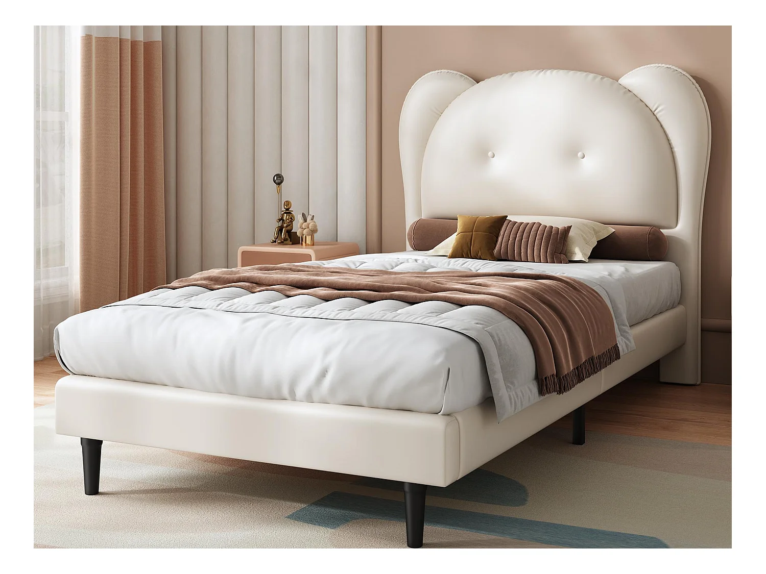 Lit enfant rembourré 90x200 cm - tête de lit en forme d'animal - avec sommier à lattes - PU - Beige (sans matelas)