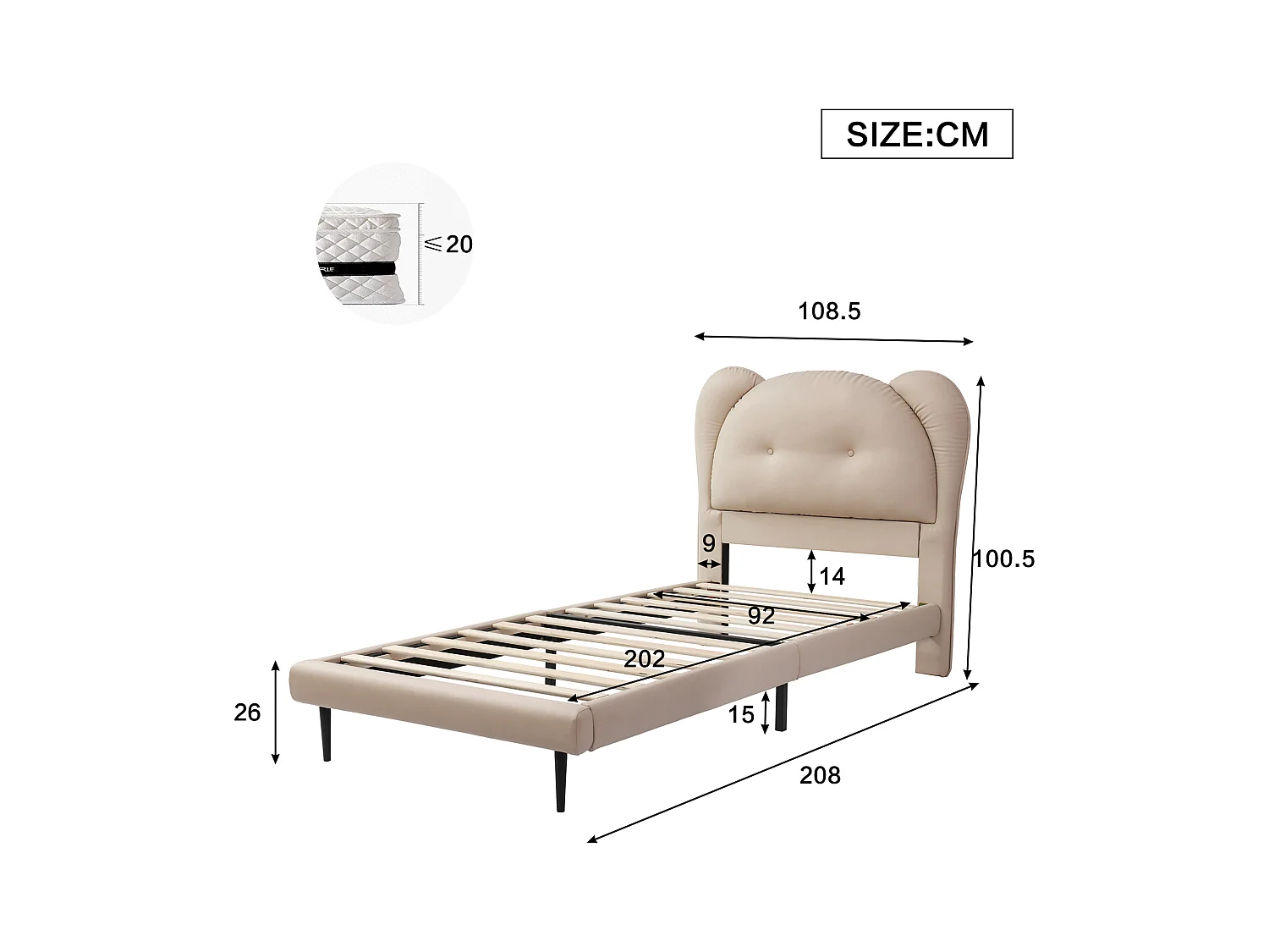 Lit enfant rembourré 90x200 cm - tête de lit en forme d'animal - avec sommier à lattes - PU - Beige (sans matelas)