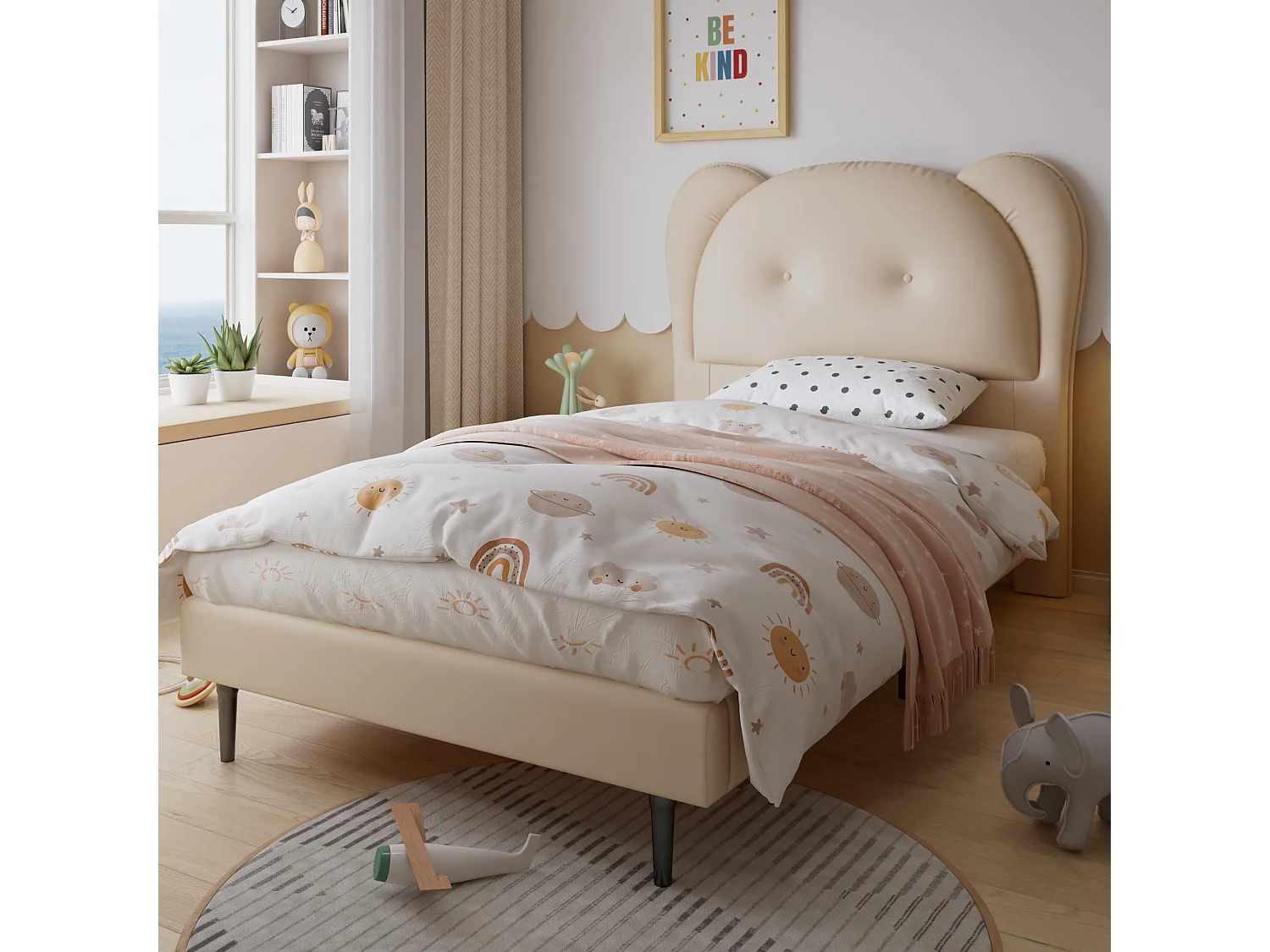 Gepolstertes Kinderbett 90x200 cm - Kopfteil in Tierform - mit Lattenrost - PU - Beige (ohne Matratze)