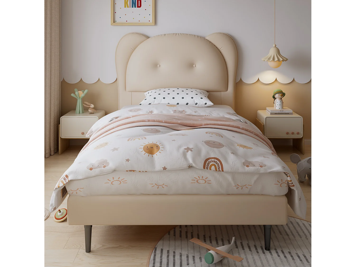 Gepolstertes Kinderbett 90x200 cm - Kopfteil in Tierform - mit Lattenrost - PU - Beige (ohne Matratze)