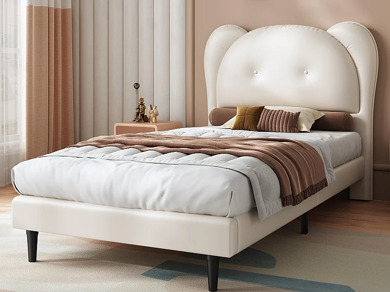 Lit enfant rembourré 90x200 cm - tête de lit en forme d'animal - avec sommier à lattes - PU - Beige (sans matelas)