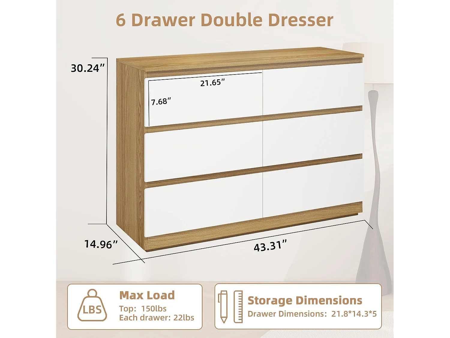 Commode à 6 Tiroirs Style Moderne Commode à 6 Tiroirs de Rangement pour Chambre à Coucher, Salon 75H x 110L x 40D cm Bois