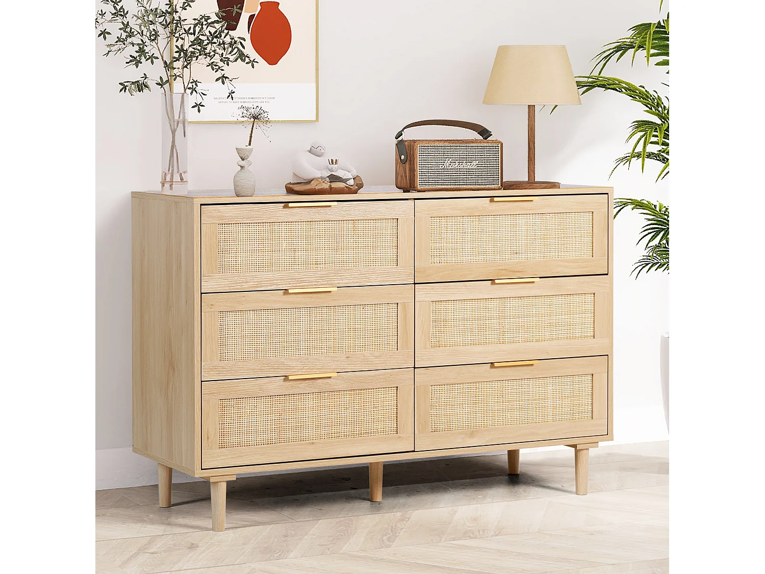 Commode à 6 Tiroirs Style Moderne Commode à 6 Tiroirs de Rangement pour Chambre à Coucher, Salon 75H x 110L x 40D cm Rotin