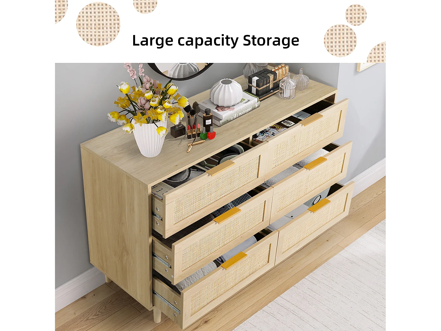 Commode à 6 Tiroirs Style Moderne Commode à 6 Tiroirs de Rangement pour Chambre à Coucher, Salon 75H x 110L x 40D cm Rotin