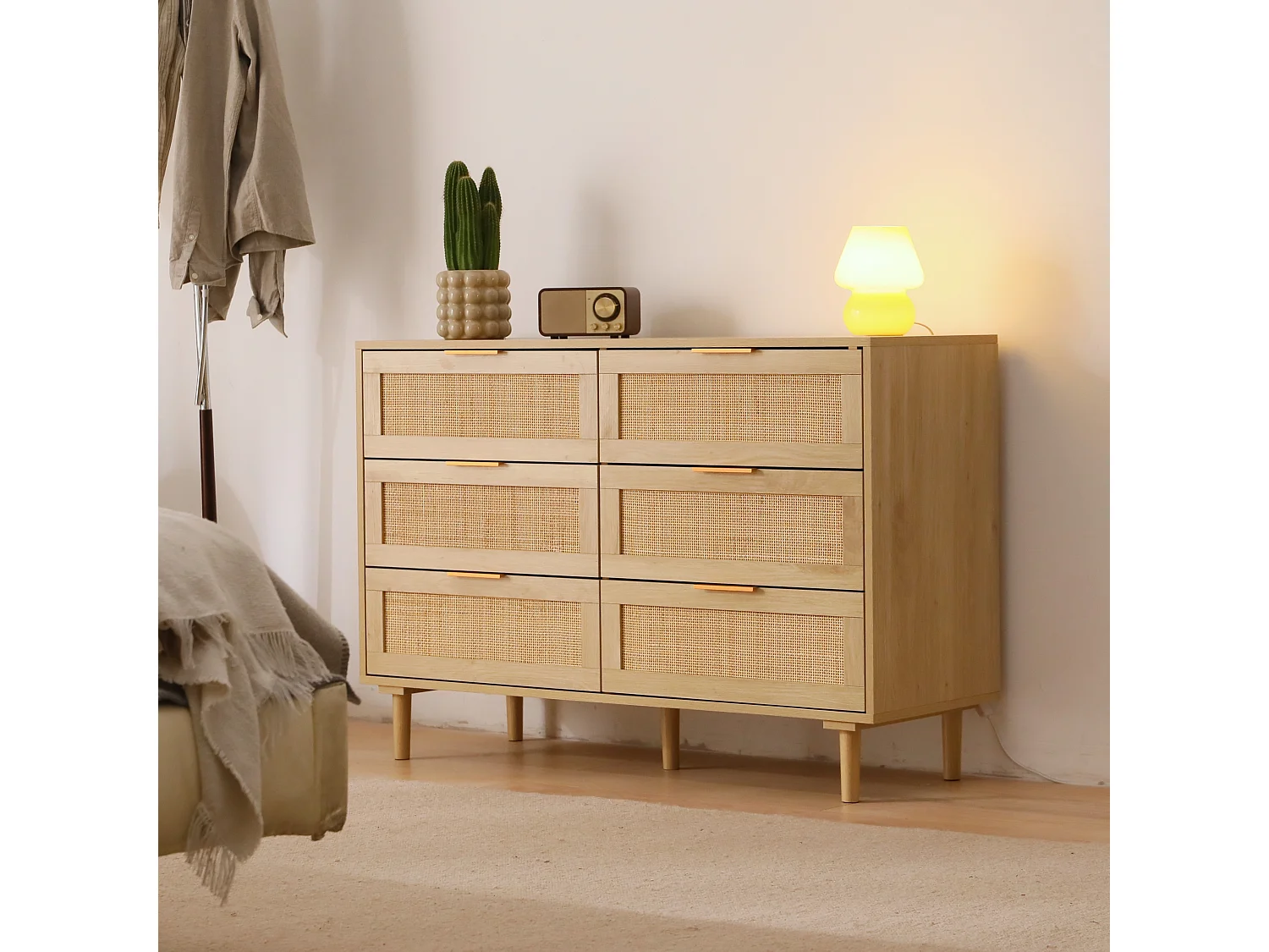 Commode à 6 Tiroirs Style Moderne Commode à 6 Tiroirs de Rangement pour Chambre à Coucher, Salon 75H x 110L x 40D cm Rotin