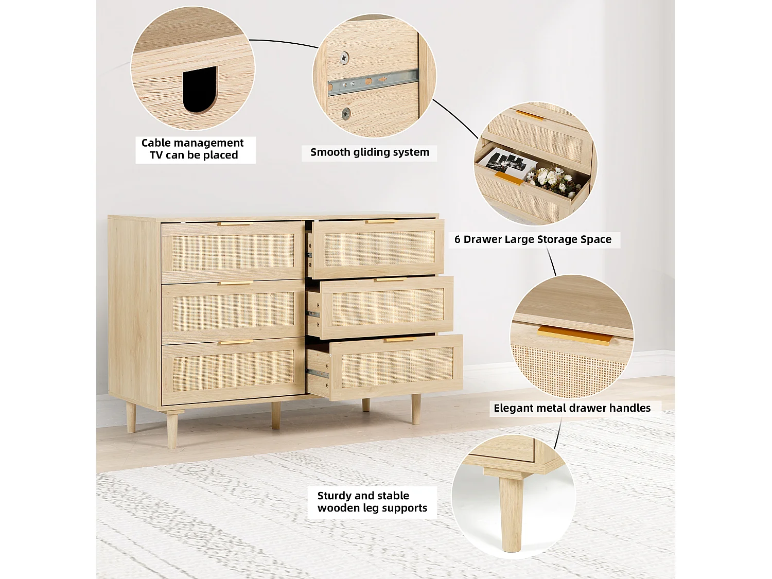 Commode à 6 Tiroirs Style Moderne Commode à 6 Tiroirs de Rangement pour Chambre à Coucher, Salon 75H x 110L x 40D cm Rotin