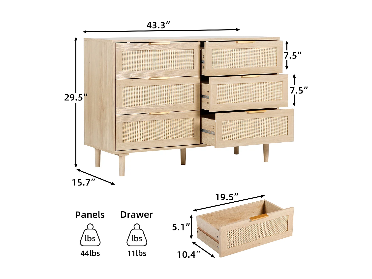 Commode à 6 Tiroirs Style Moderne Commode à 6 Tiroirs de Rangement pour Chambre à Coucher, Salon 75H x 110L x 40D cm Rotin