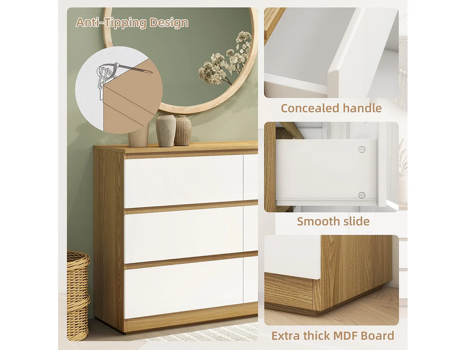 Commode à 6 Tiroirs Style Moderne Commode à 6 Tiroirs de Rangement pour Chambre à Coucher, Salon 70H x 100L x 30D cm Bois