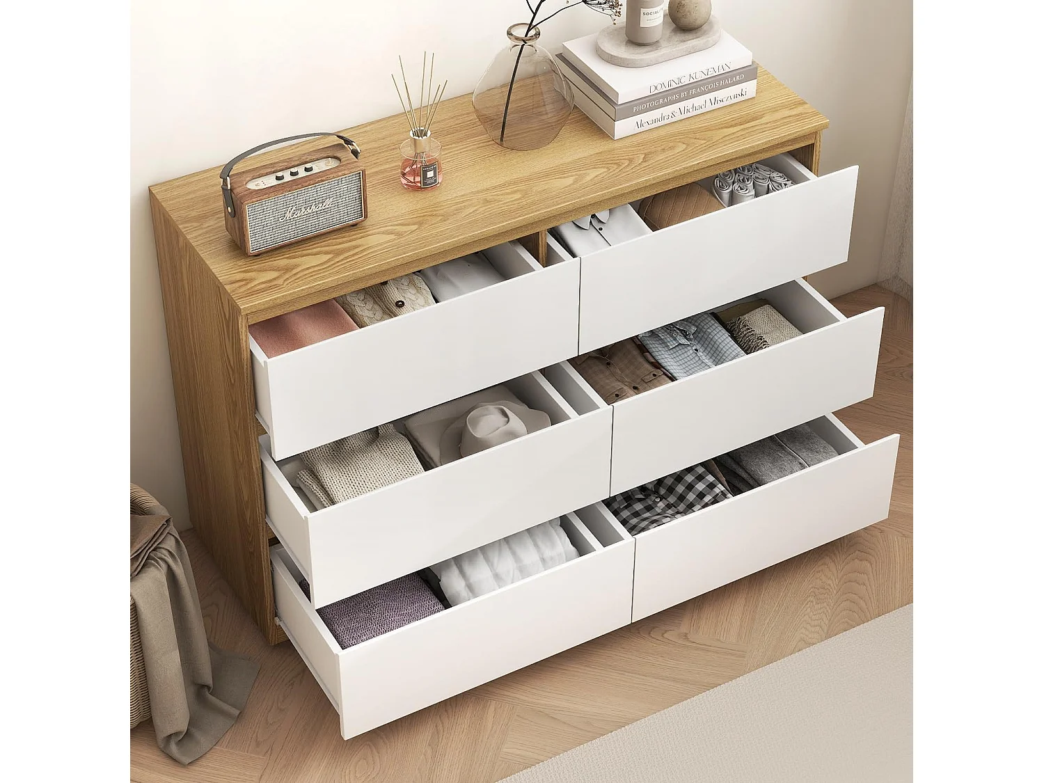 Commode à 6 Tiroirs Style Moderne Commode à 6 Tiroirs de Rangement pour Chambre à Coucher, Salon 70H x 100L x 30D cm Bois