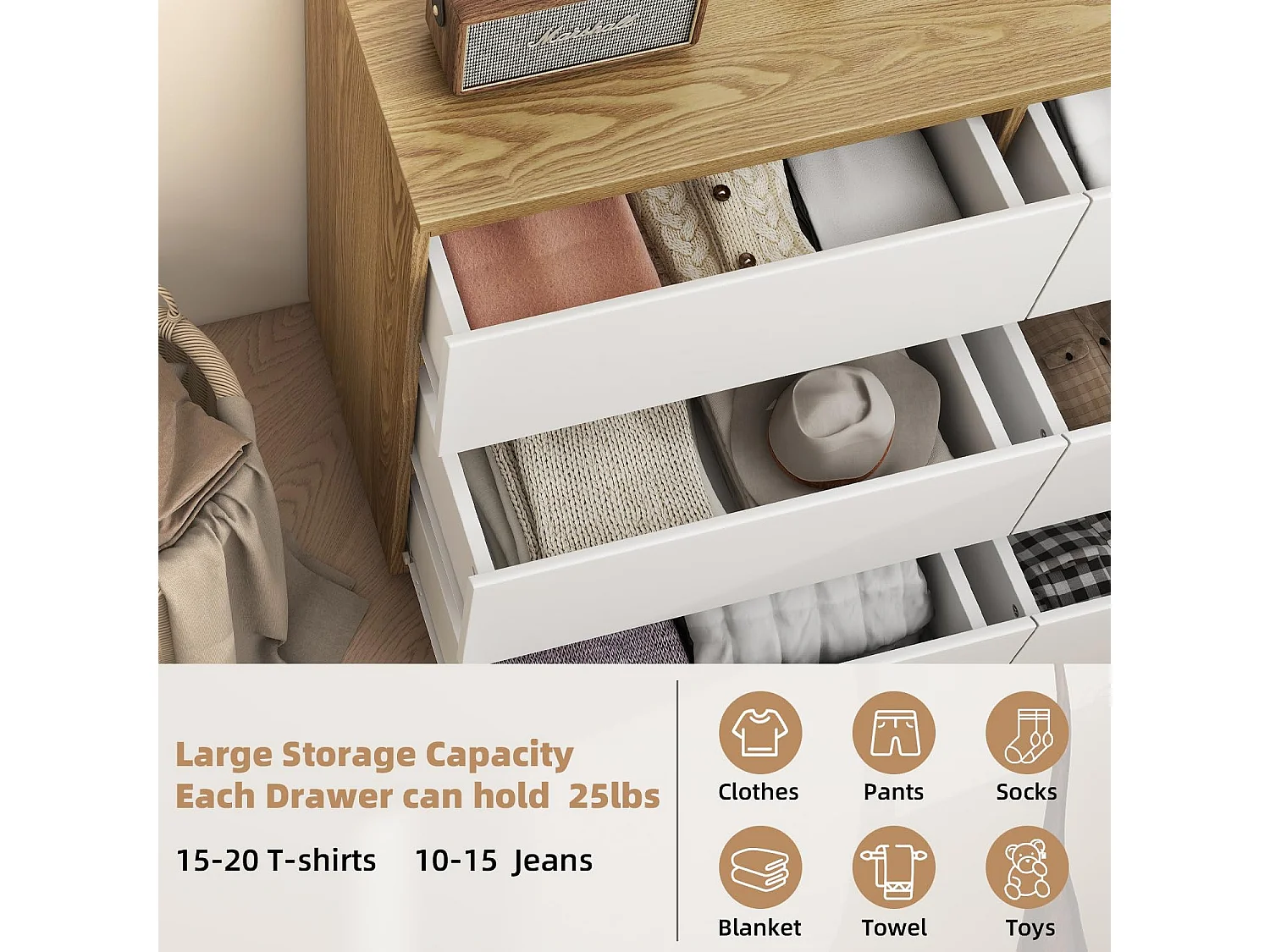 Commode à 6 Tiroirs Style Moderne Commode à 6 Tiroirs de Rangement pour Chambre à Coucher, Salon 70H x 100L x 30D cm Bois