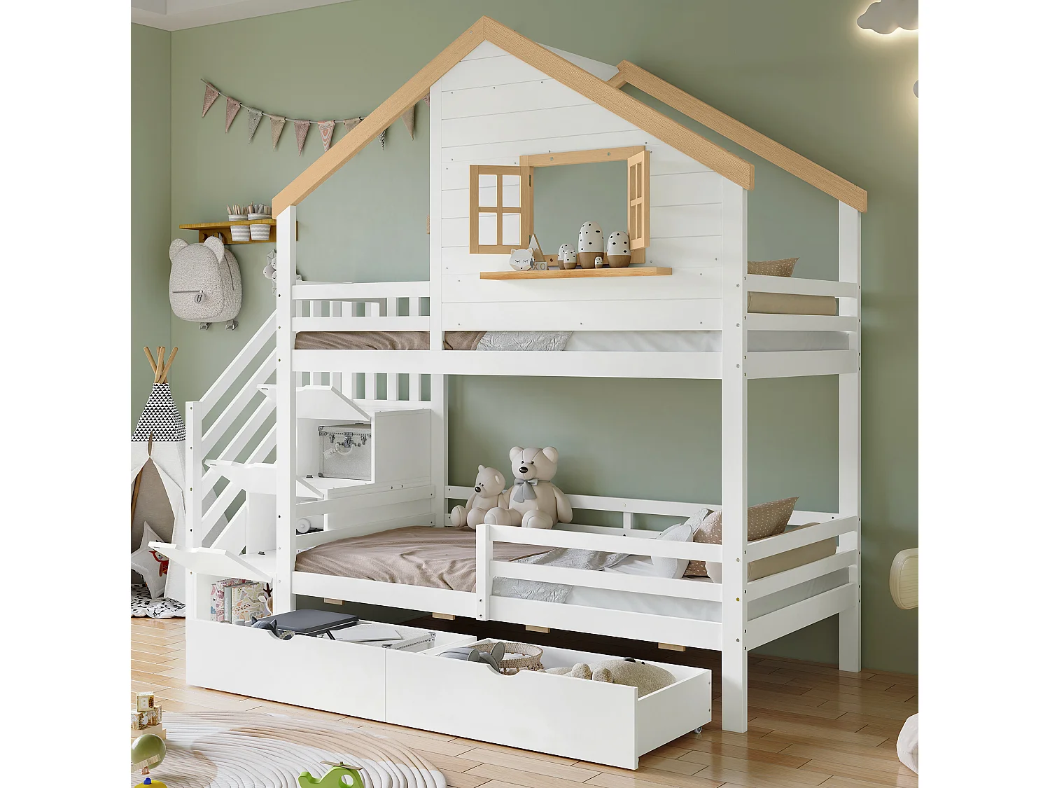 Letto a castello 90x200 cm - con scale di stoccaggio - con 2 cassetti - con tetto e finestre - Legno massiccio + MDF - Bianco + Naturale