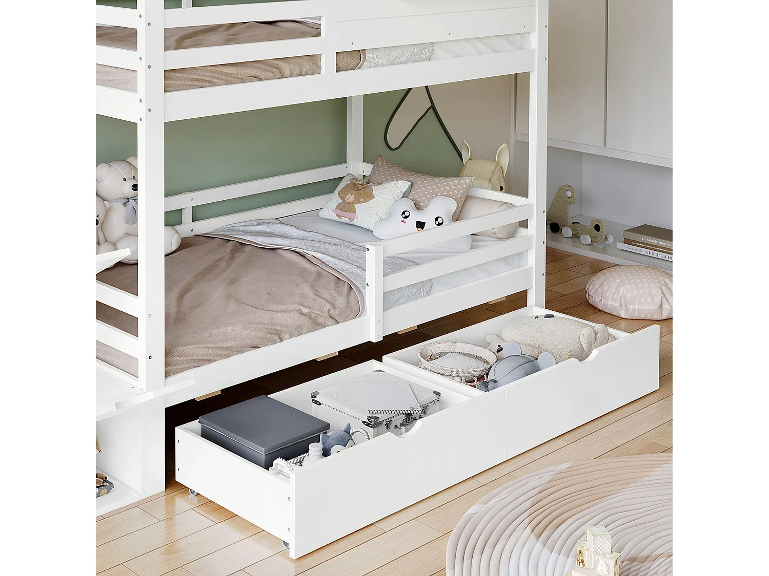 Letto a castello 90x200 cm - con scale di stoccaggio - con 2 cassetti - con tetto e finestre - Legno massiccio + MDF - Bianco + Naturale