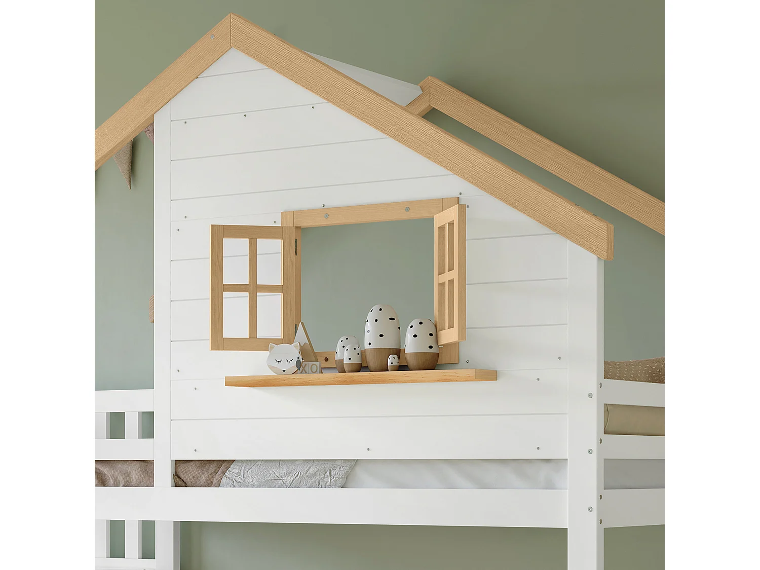 Letto a castello 90x200 cm - con scale di stoccaggio - con 2 cassetti - con tetto e finestre - Legno massiccio + MDF - Bianco + Naturale