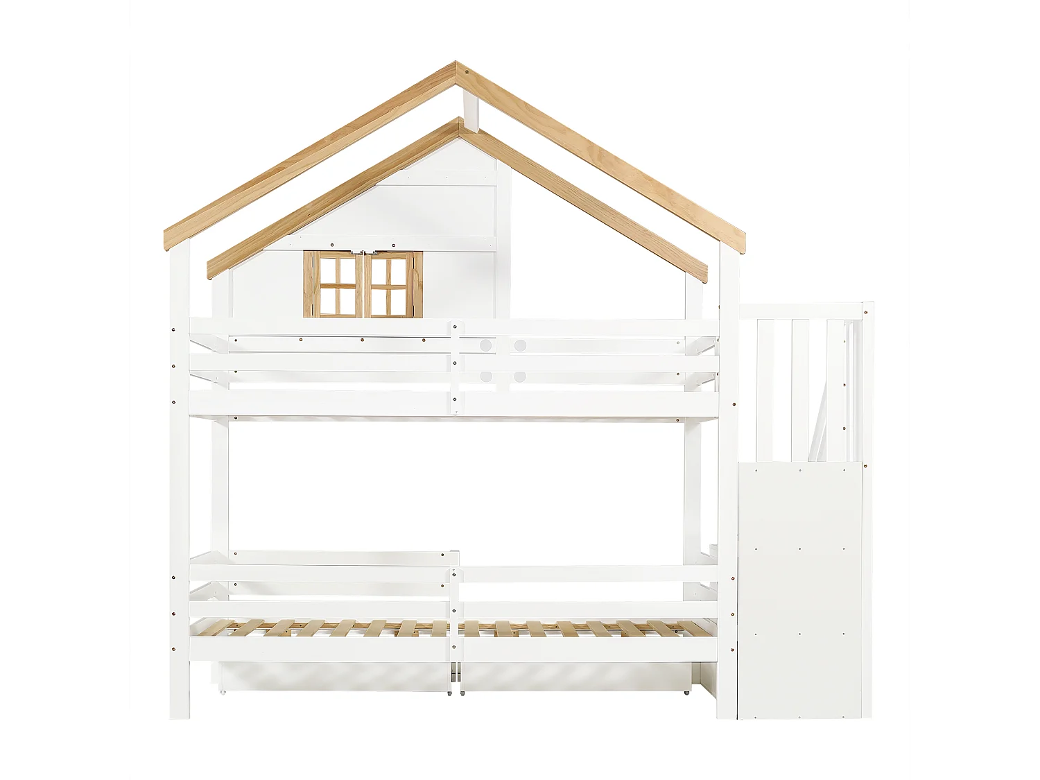 Letto a castello 90x200 cm - con scale di stoccaggio - con 2 cassetti - con tetto e finestre - Legno massiccio + MDF - Bianco + Naturale