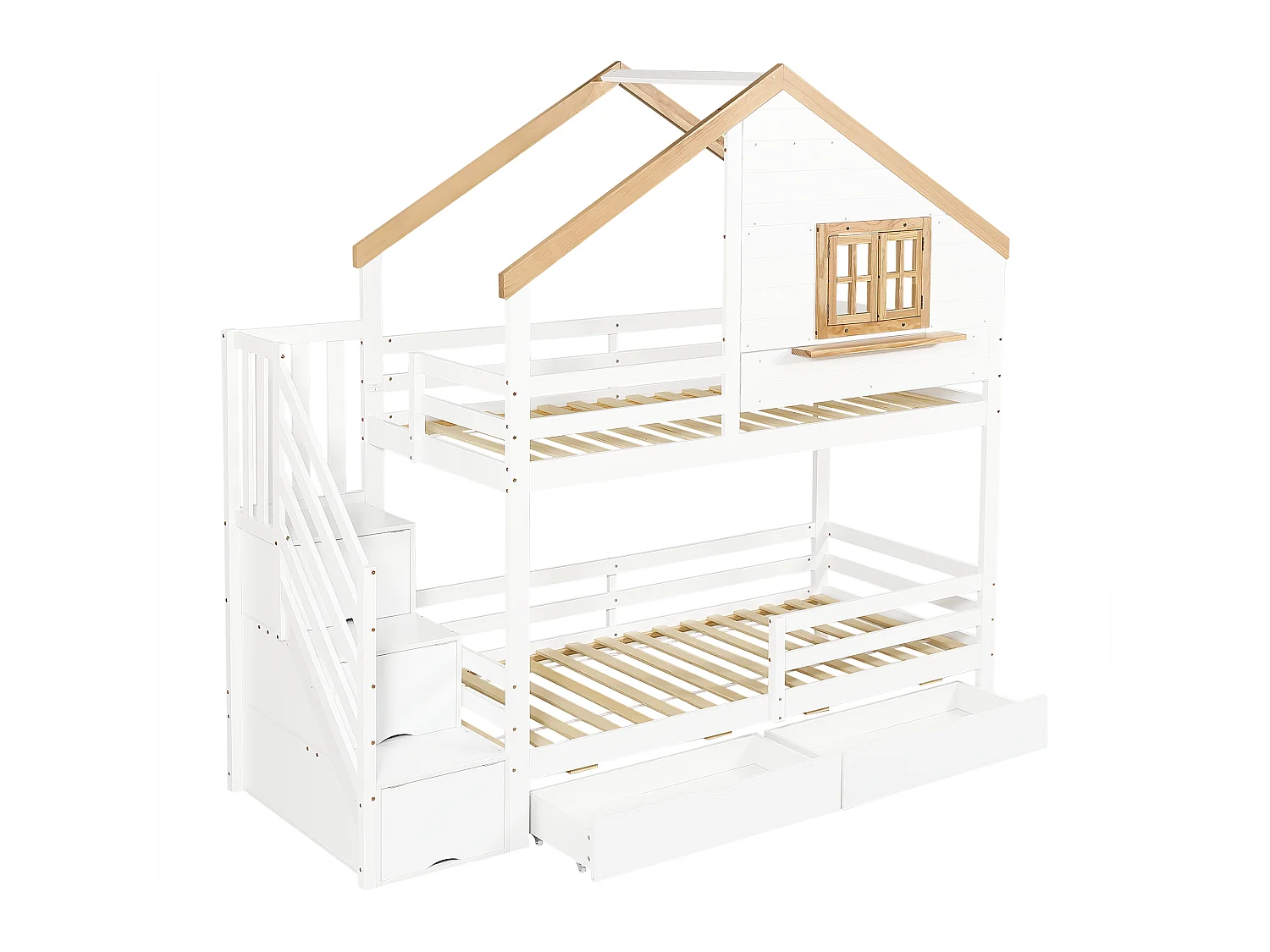 Letto a castello 90x200 cm - con scale di stoccaggio - con 2 cassetti - con tetto e finestre - Legno massiccio + MDF - Bianco + Naturale