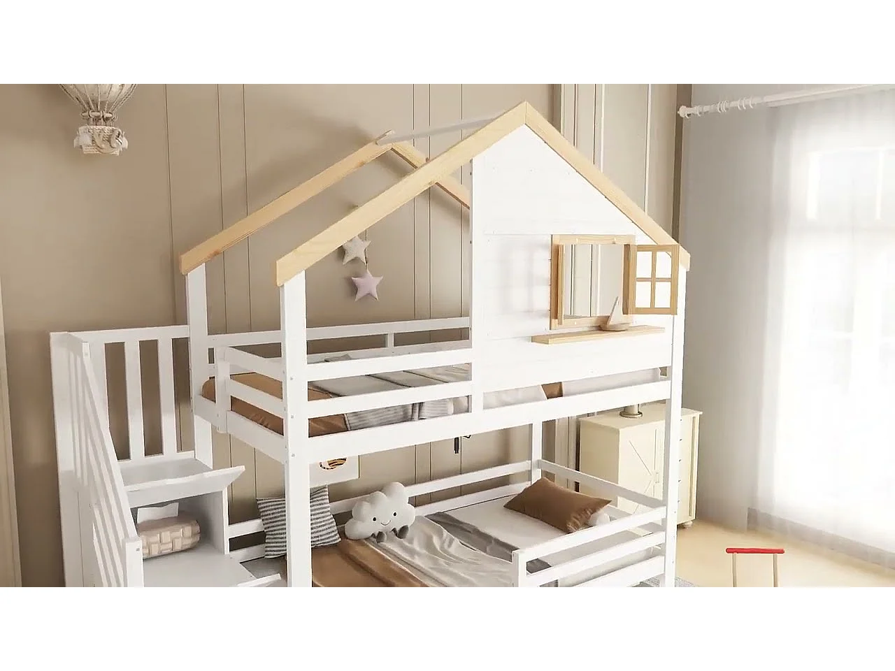Lit superposé 90x200 cm - avec escaliers de rangement - avec 2 tiroirs - avec toit et fenêtres - Bois massif + MDF - Blanc + Naturel