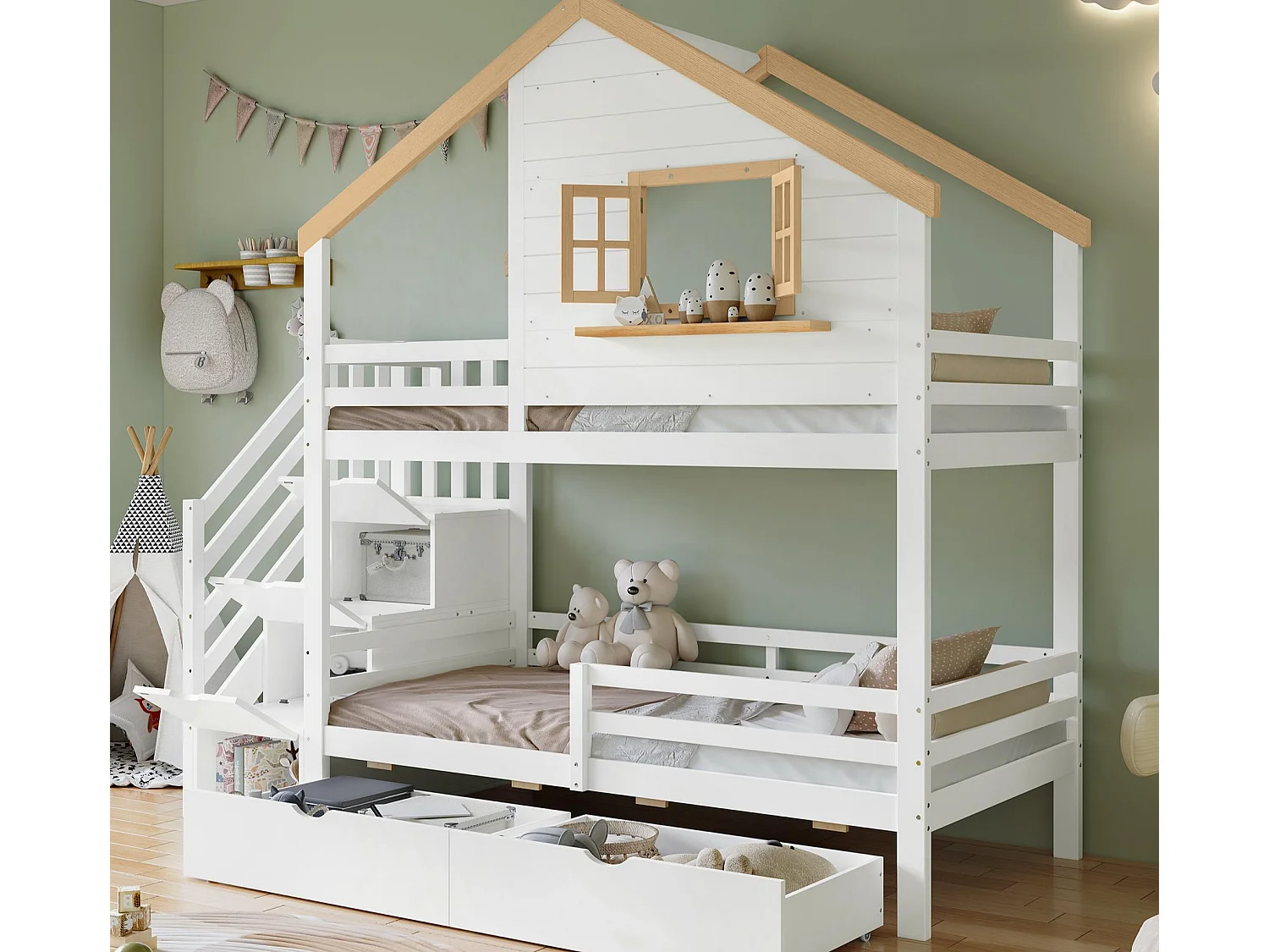 Lit superposé 90x200 cm - avec escaliers de rangement - avec 2 tiroirs - avec toit et fenêtres - Bois massif + MDF - Blanc + Naturel