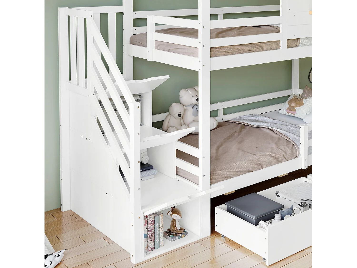 Lit superposé 90x200 cm - avec escaliers de rangement - avec 2 tiroirs - avec toit et fenêtres - Bois massif + MDF - Blanc + Naturel
